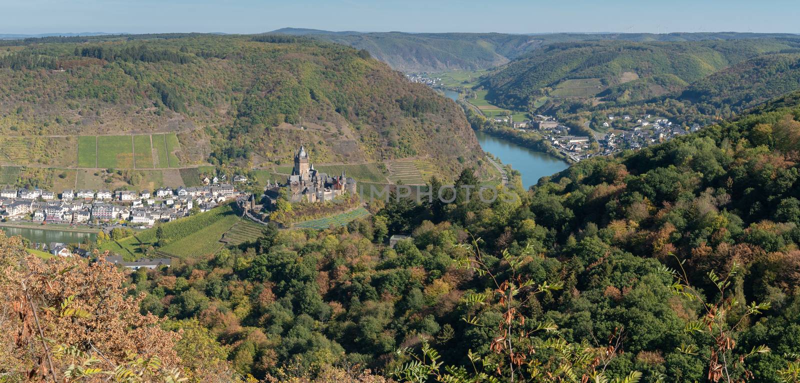 Panoramic view to the city of Cochem close to the Moselle river, Germany Europe