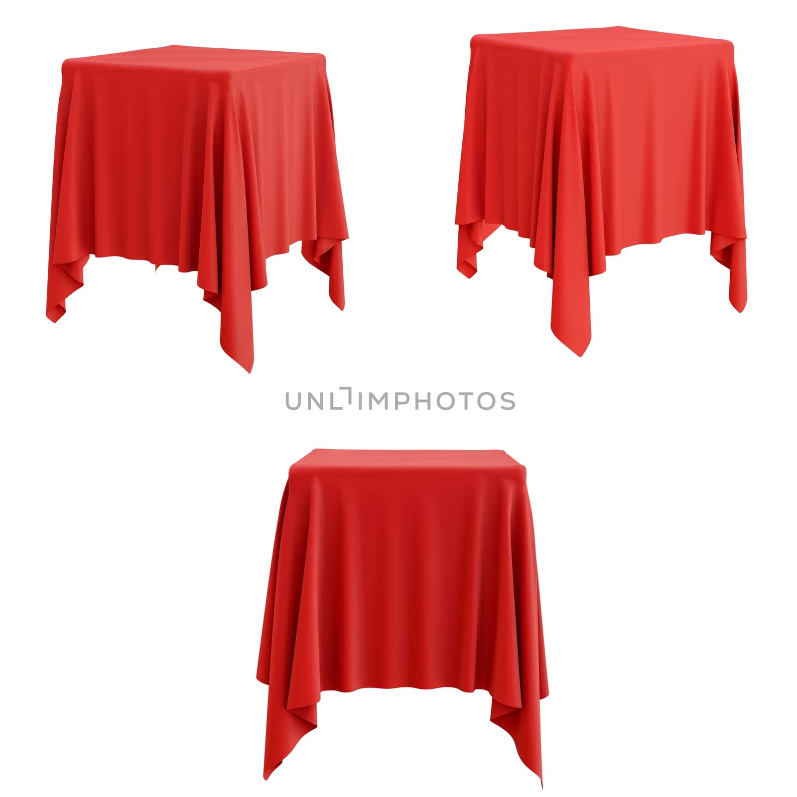 Set of red cloth on a square pedestal isolated on white. 3d illustration