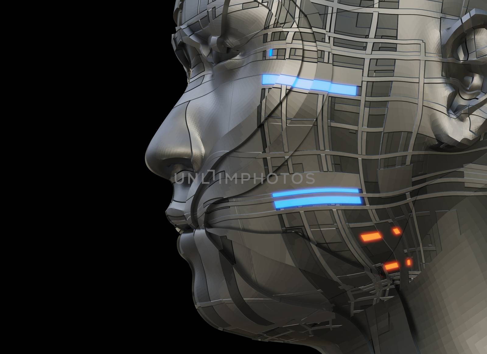 Futuristic robot of dark color with luminous parts of blue and orange. Isolated on black background. The concept of robotic and industrial revolution 4.0. 3D illustration