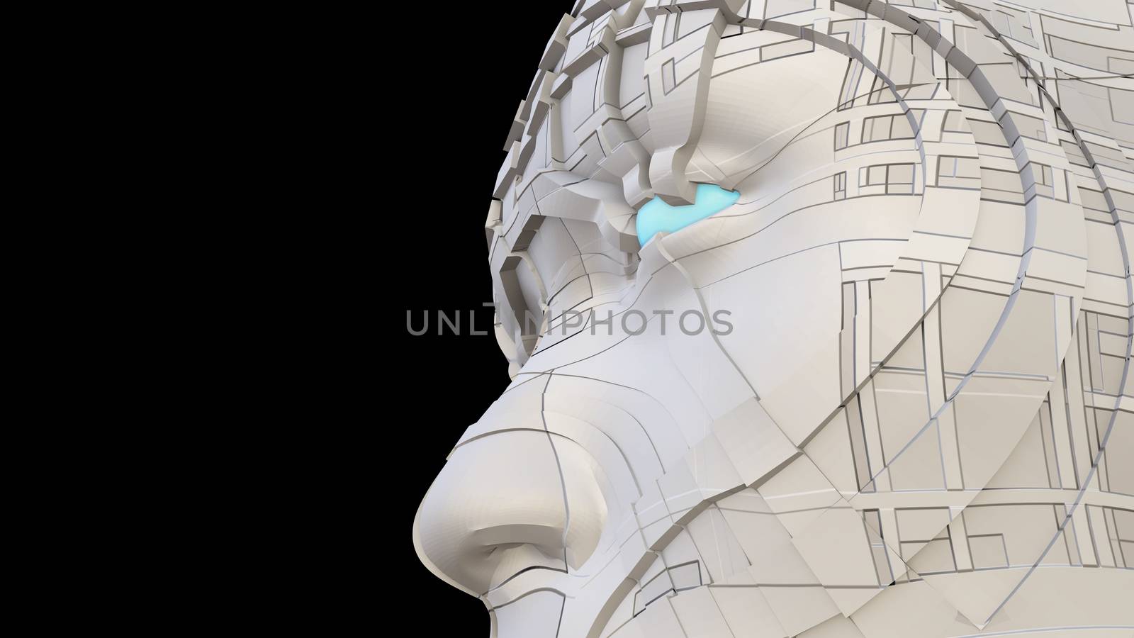 Futuristic robot of dark color with luminous parts of blue and orange. Isolated on black background. The concept of robotic and industrial revolution 4.0. 3D illustration