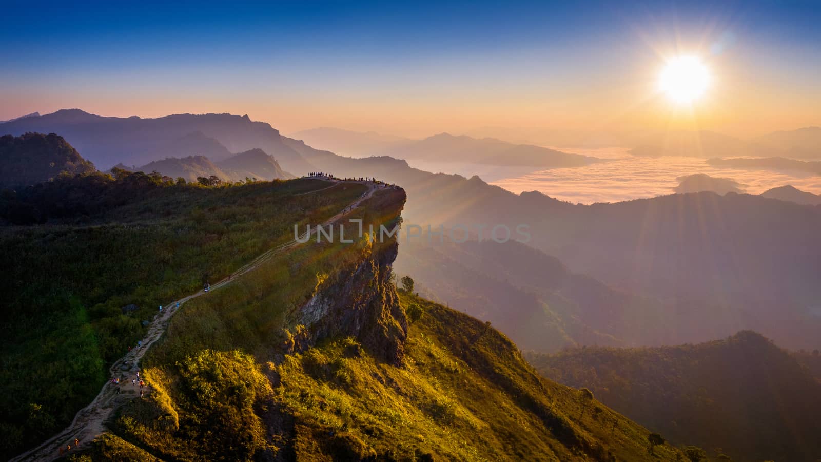 Aerial view Phu chi fa and morning fog at sunrise, Chiang rai, Thailand. by gutarphotoghaphy
