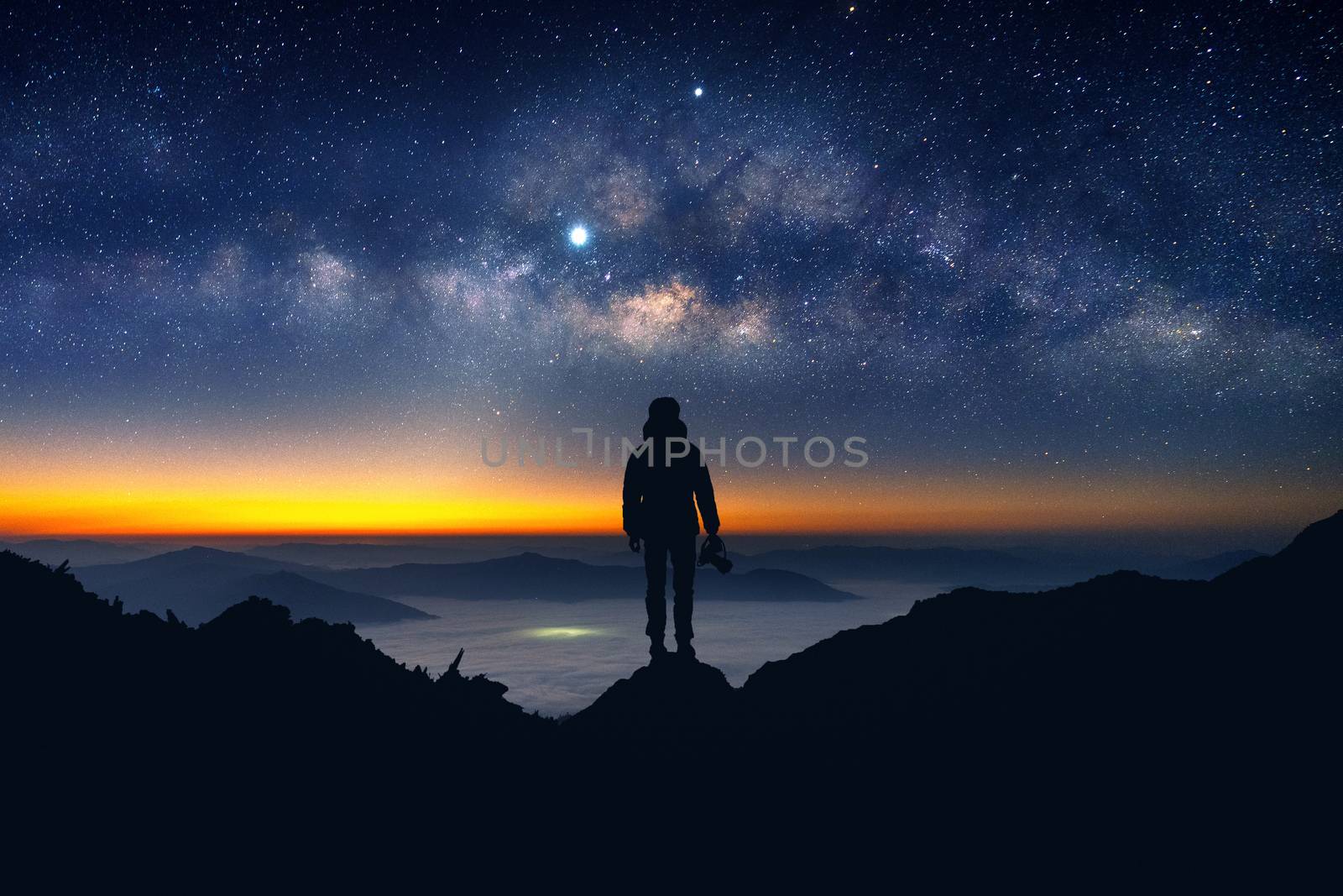 Silhouette of photographer with camera and milky way blackground by gutarphotoghaphy