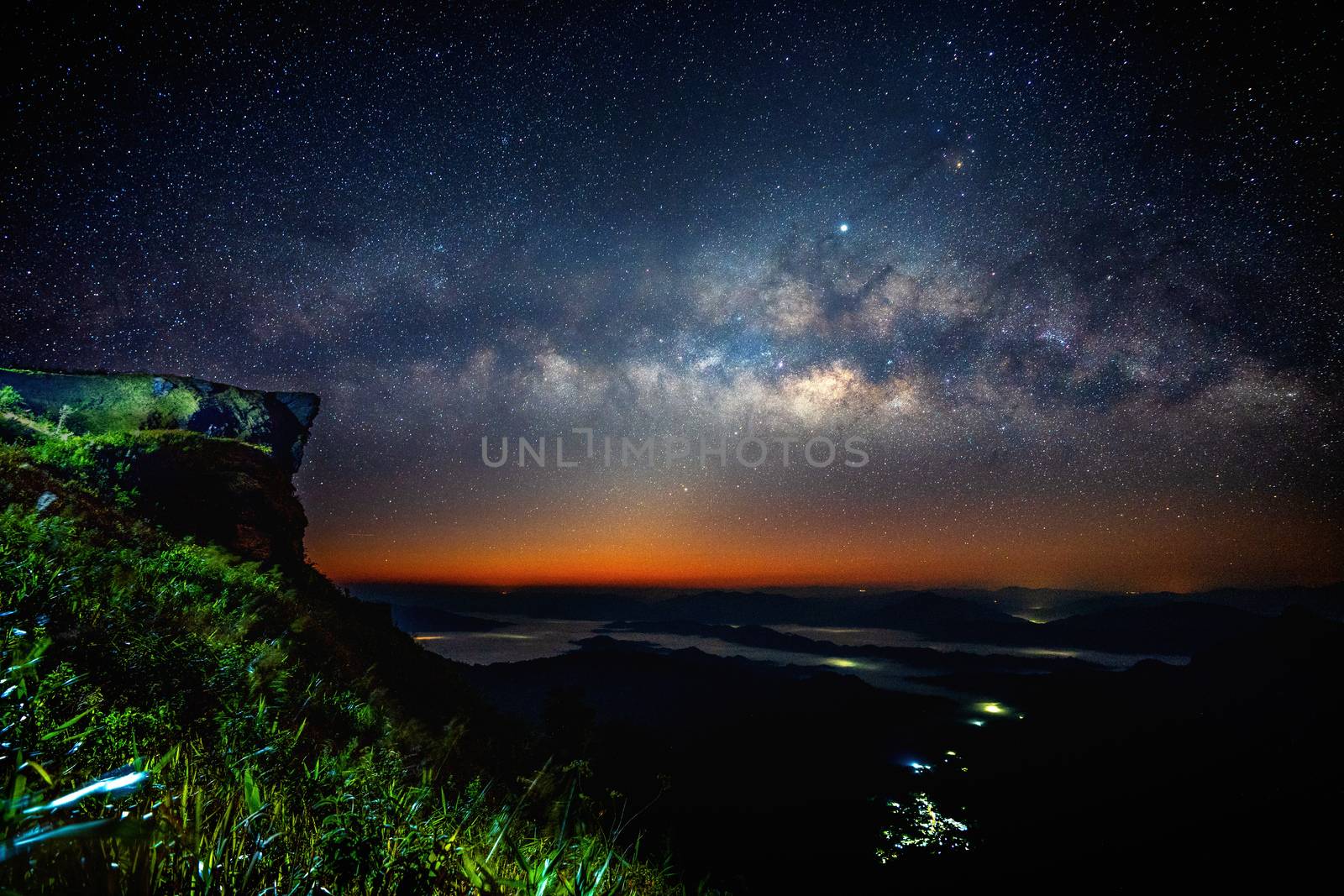 Milky way and star over Phu chi fa at night in Chiangrai, Thailand.