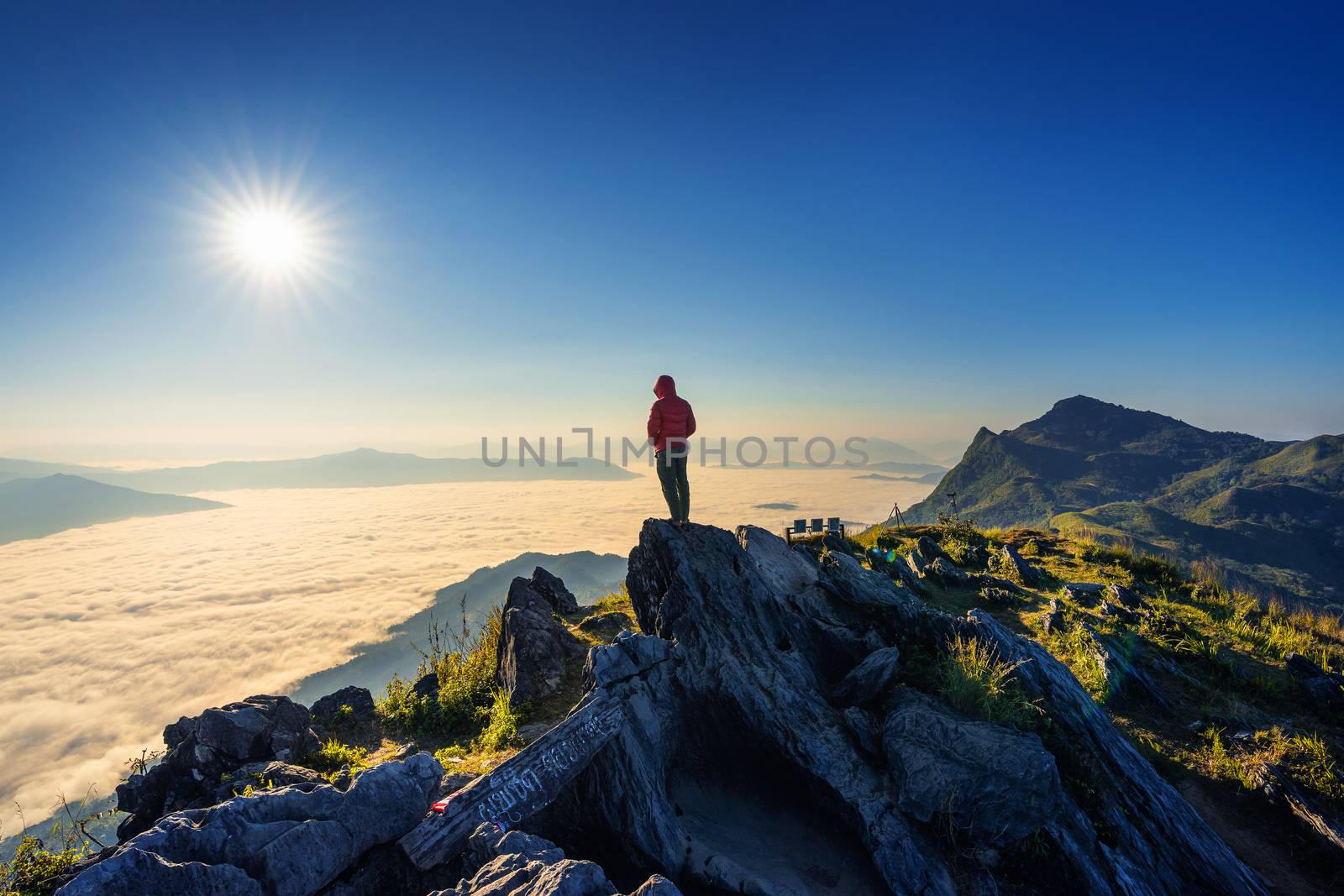 Traveler standing on the rock, Doi pha tang and morning fog in Chiang rai, Thailand. by gutarphotoghaphy