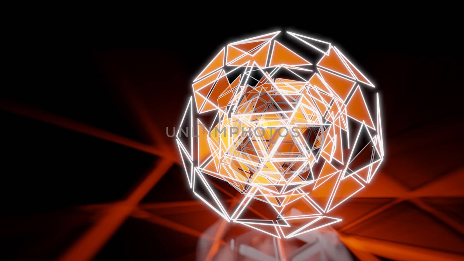 Polygonal Orange Abstract Triangle Glow Sphere on Dark Space Background. 3D illustration