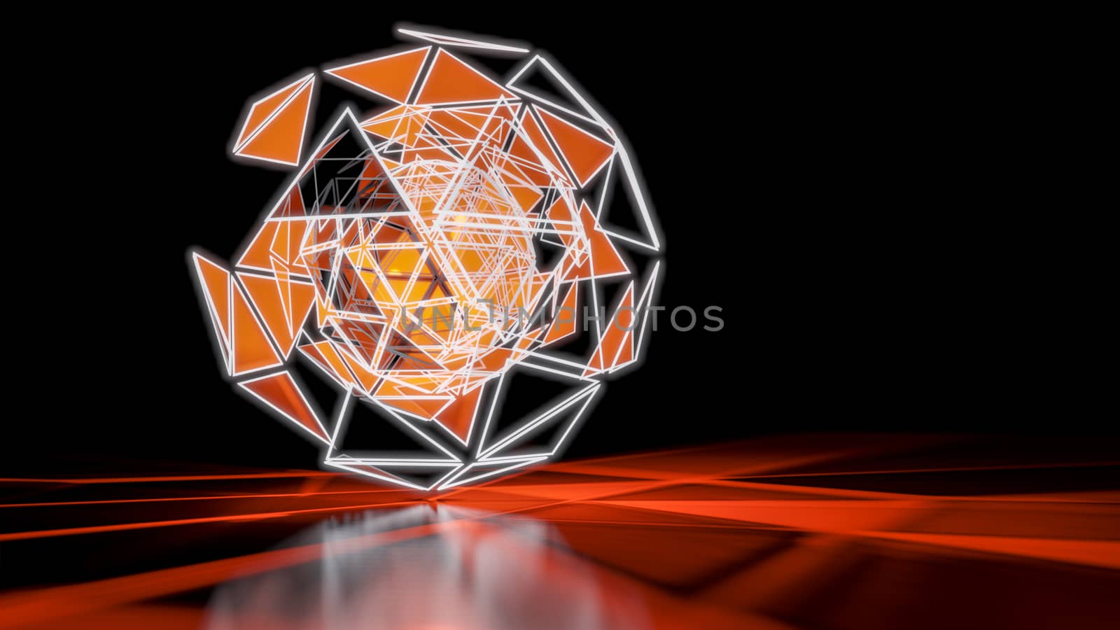 Polygonal Orange Abstract Triangle Glow Sphere on Dark Space Background. 3D illustration