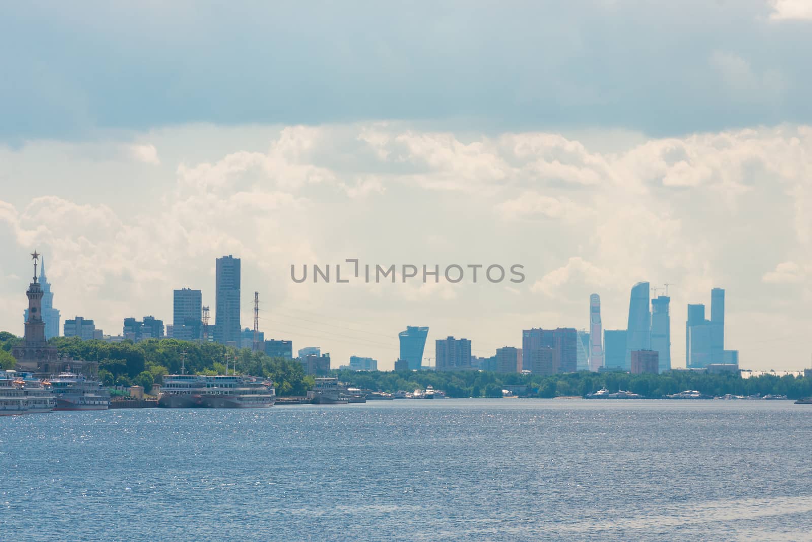 View of the river and the city of Moscow in the early morning urban landscape