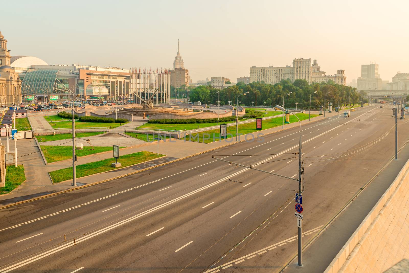 View of the highway and the Kazan station in Moscow at dawn