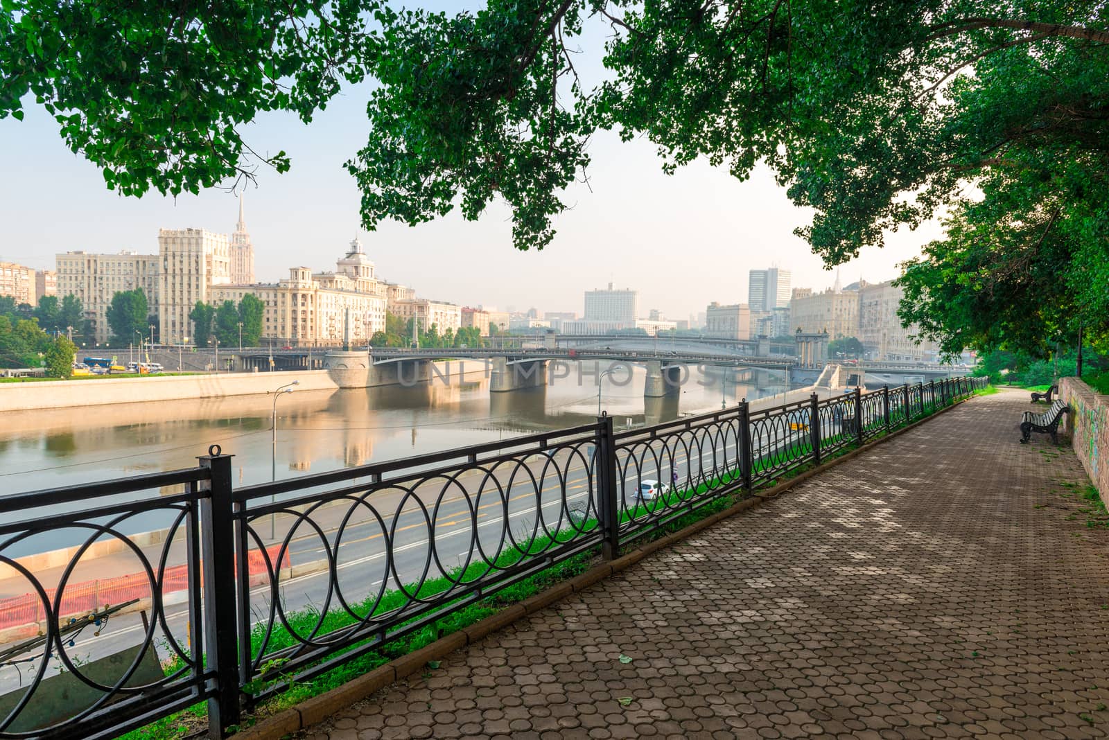 Moscow landscape at dawn, walk along the embankment of the river by kosmsos111