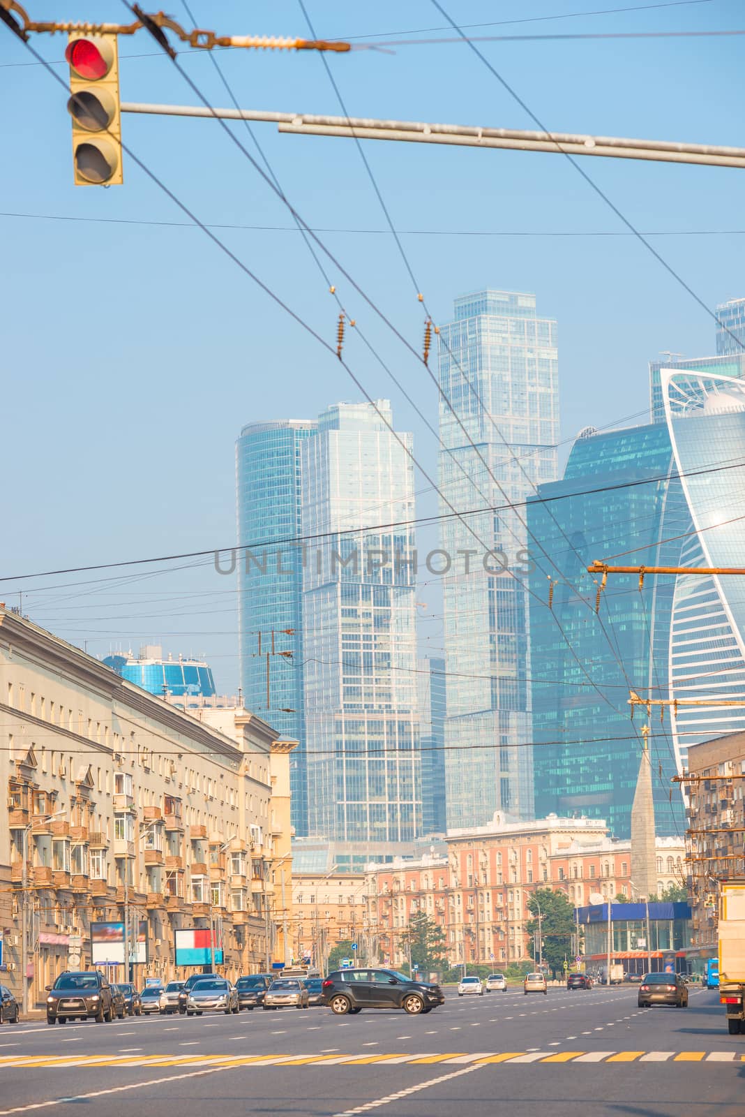 Vertical cityscape - the streets of Moscow with a view of Moscow City, Russia