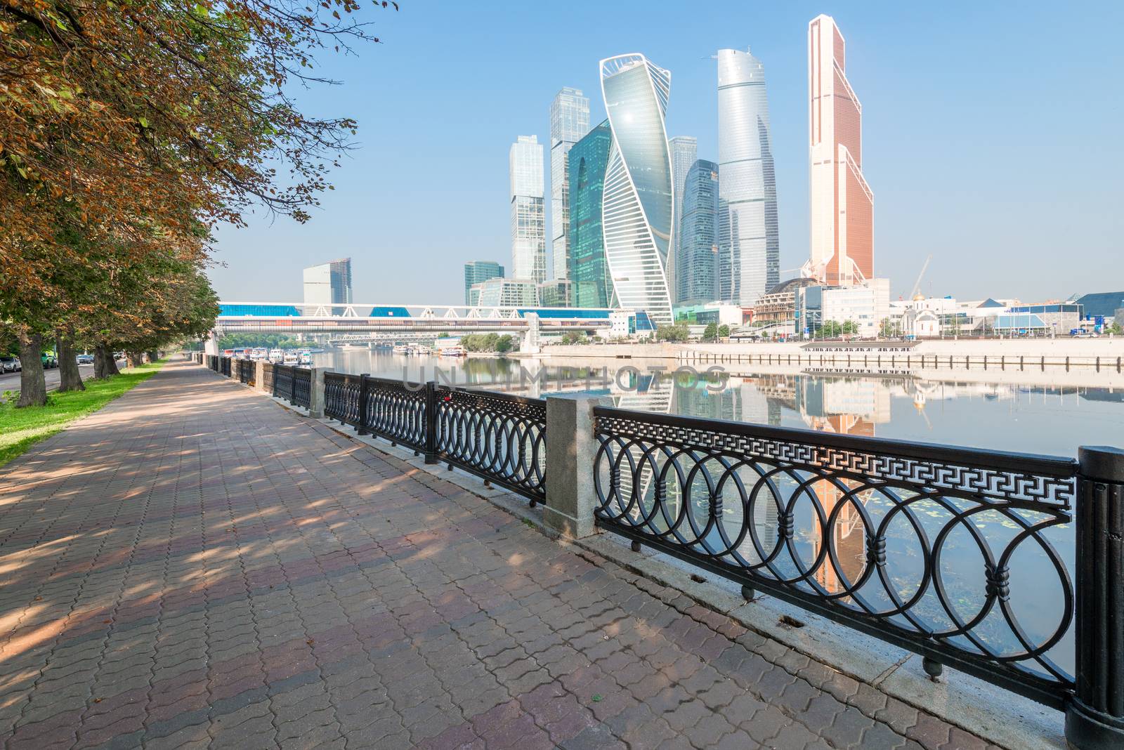 Landmark Moscow City by the river, walk along the embankment of the city