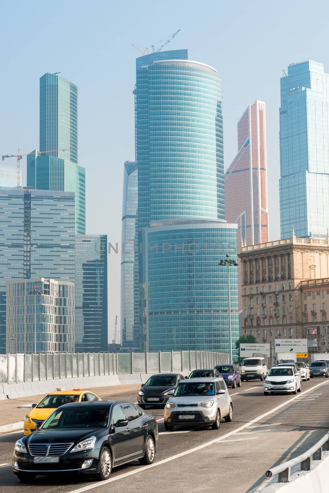 Skyscrapers and highways, Moscow City skyline, road traffic