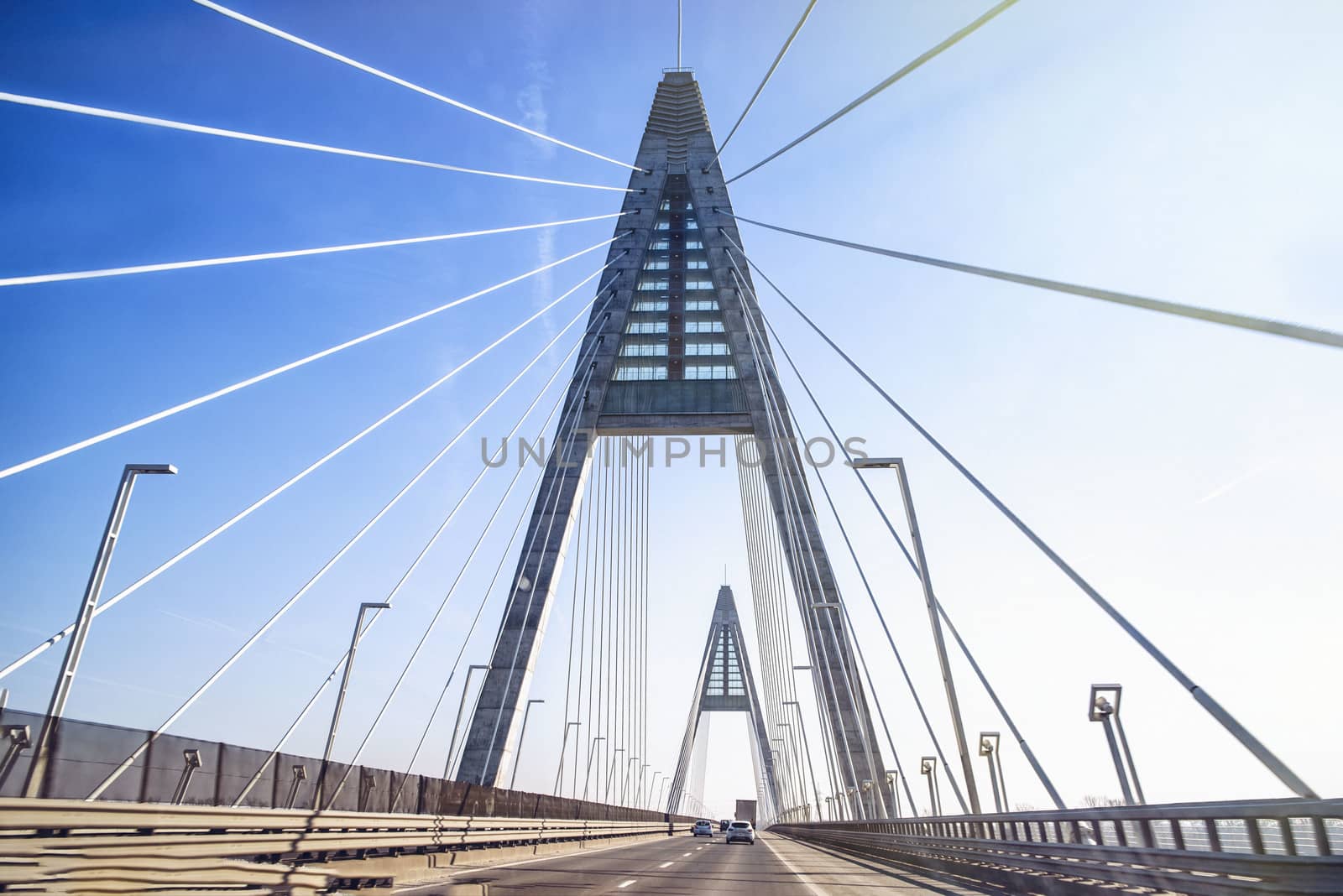 Bridge over river.Bridge and blue sky.On Bridge.