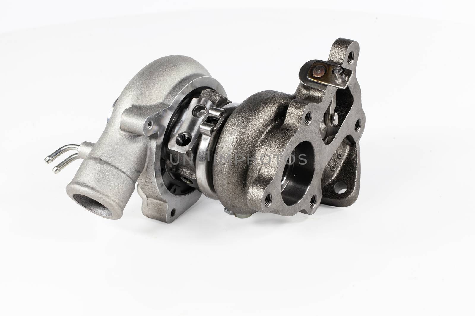 Car turbocharger on an isolated studio white background