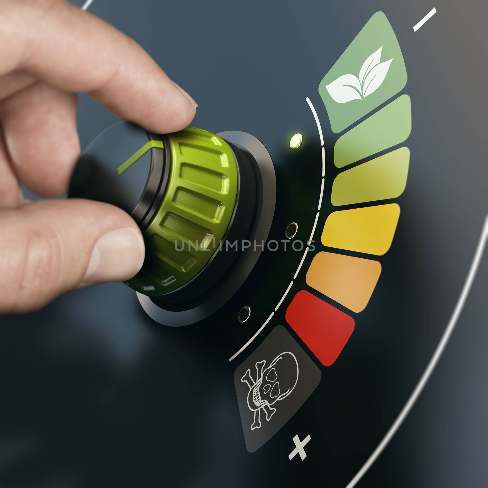 Hand turning a button to reduce chemical pesticides impact. Composite image between a hand photography and a 3D background.