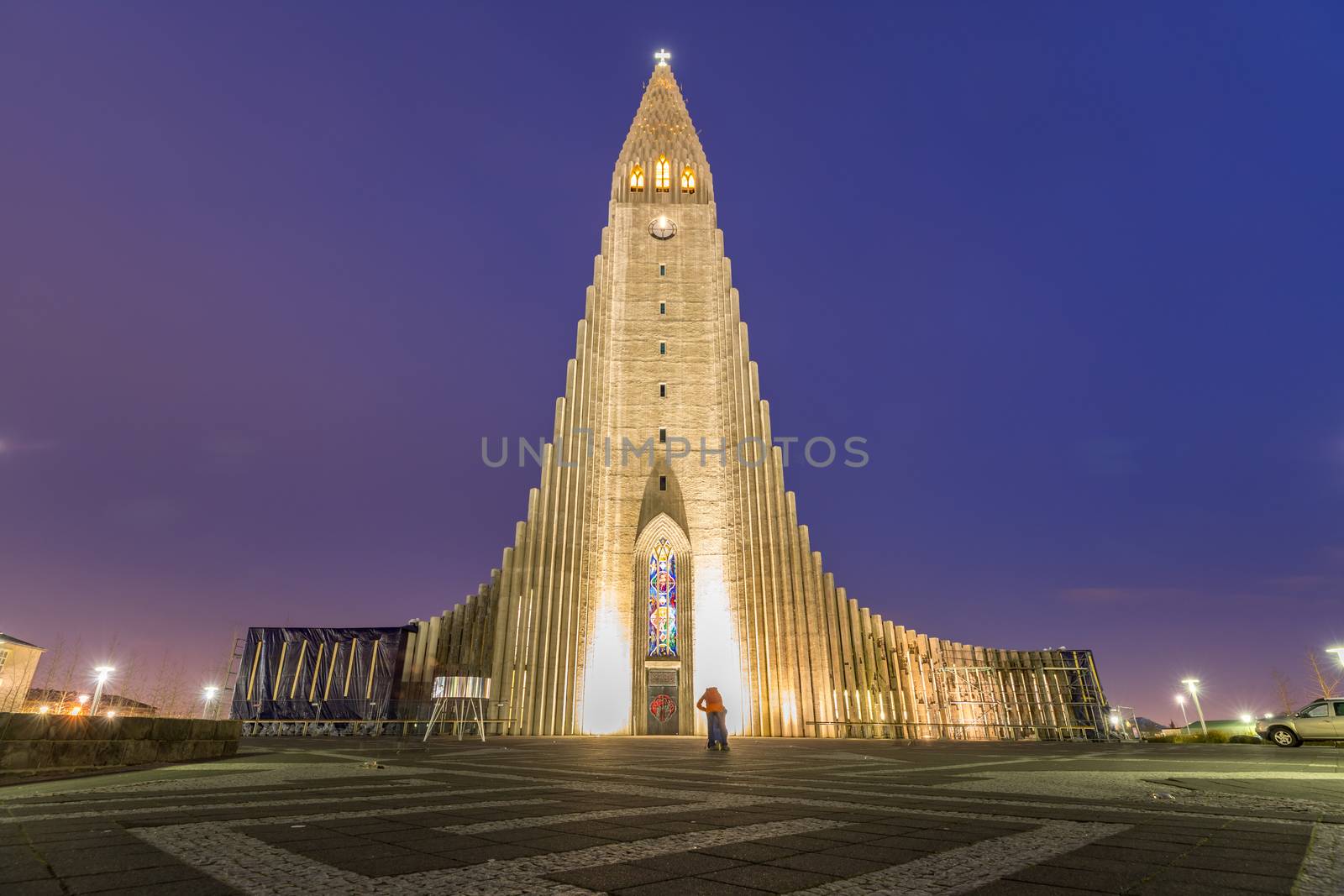 Hallgrimskirkja Cathedral Reykjavik Iceland at sunset twilight