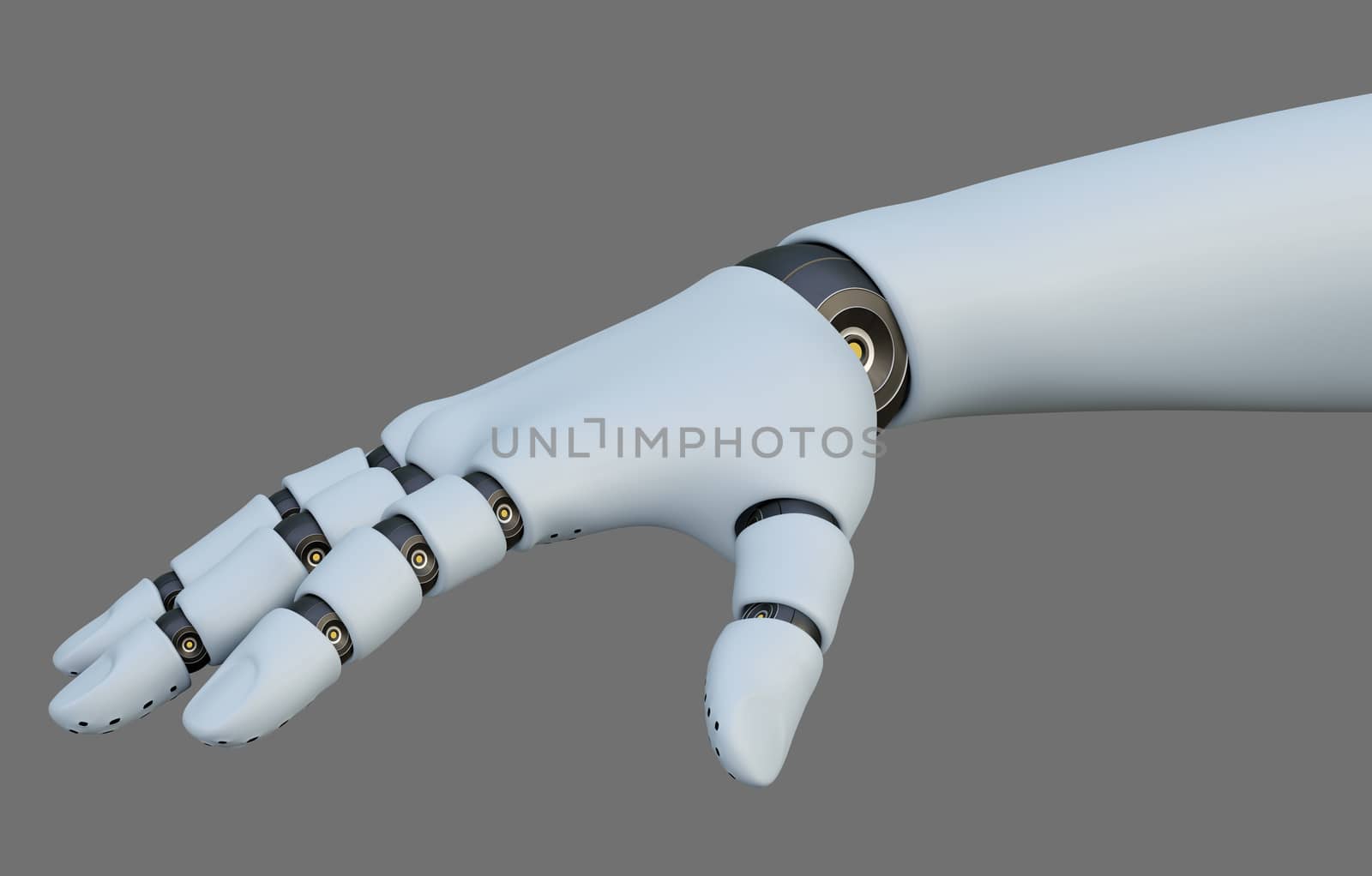 White Robot Hand, Isolated on Gray Background. 3D rendering