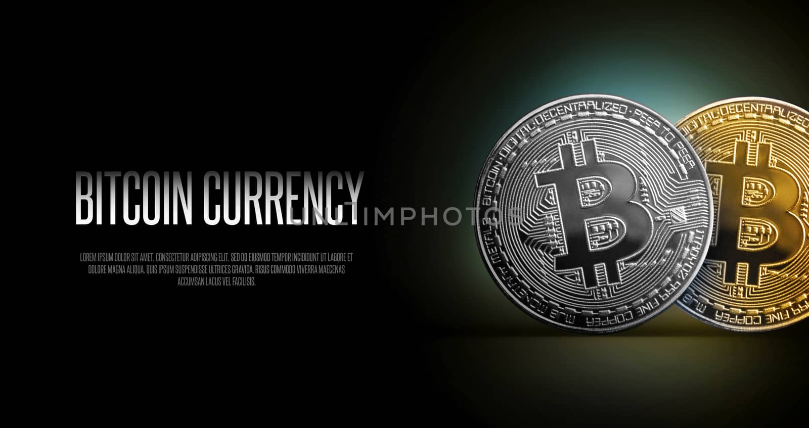 Bitcoin Banner Header. Gold and Silwer coin. Cryptocurrency with space for your own text. Concept