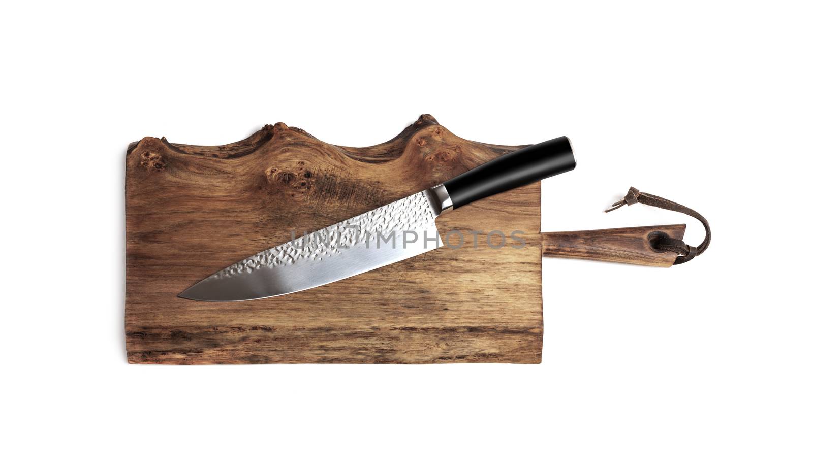 Knife for kitchen on old wooden cutting Board. Isolated on white background