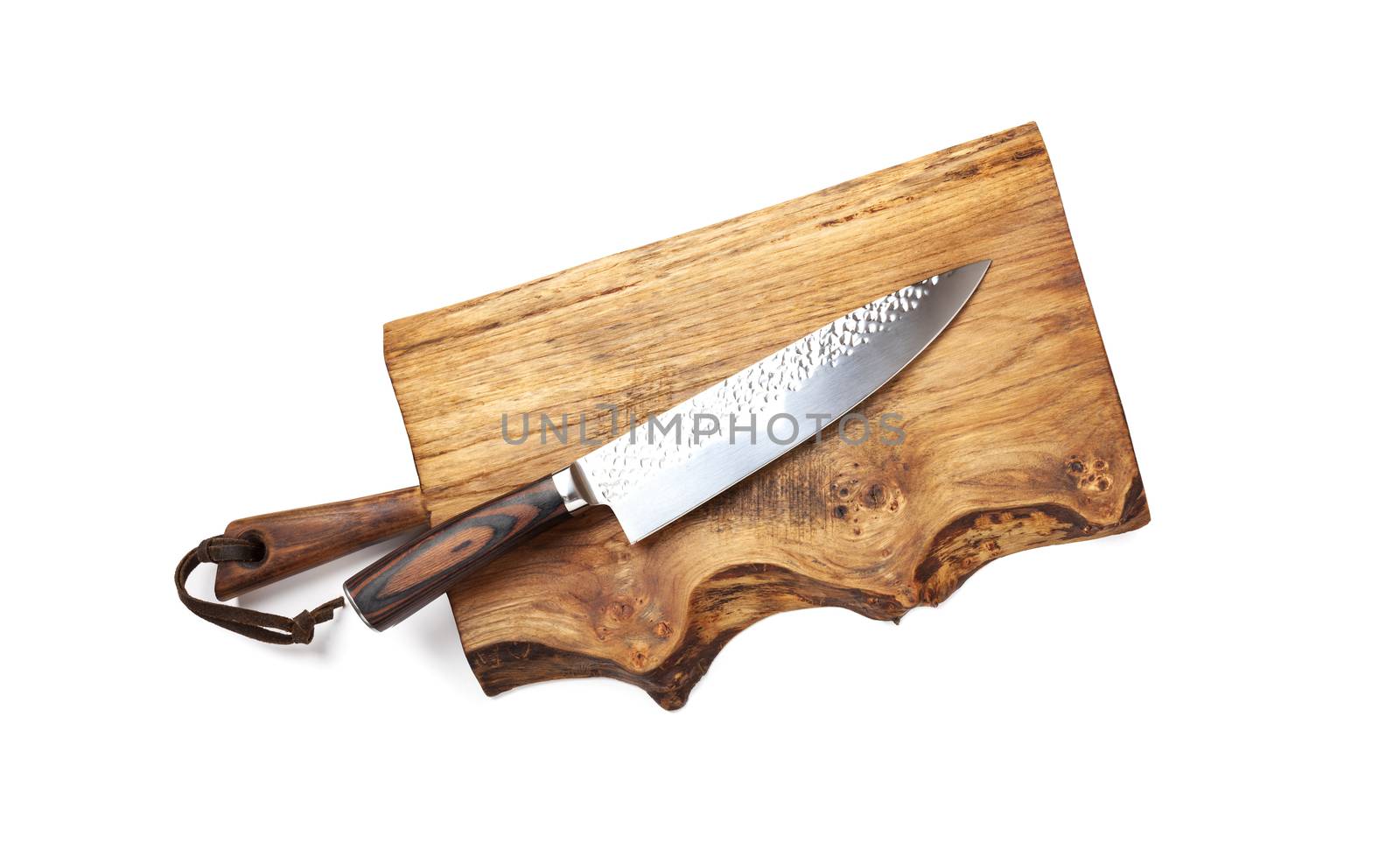 Knife for kitchen on old wooden cutting Board. Isolated on white background