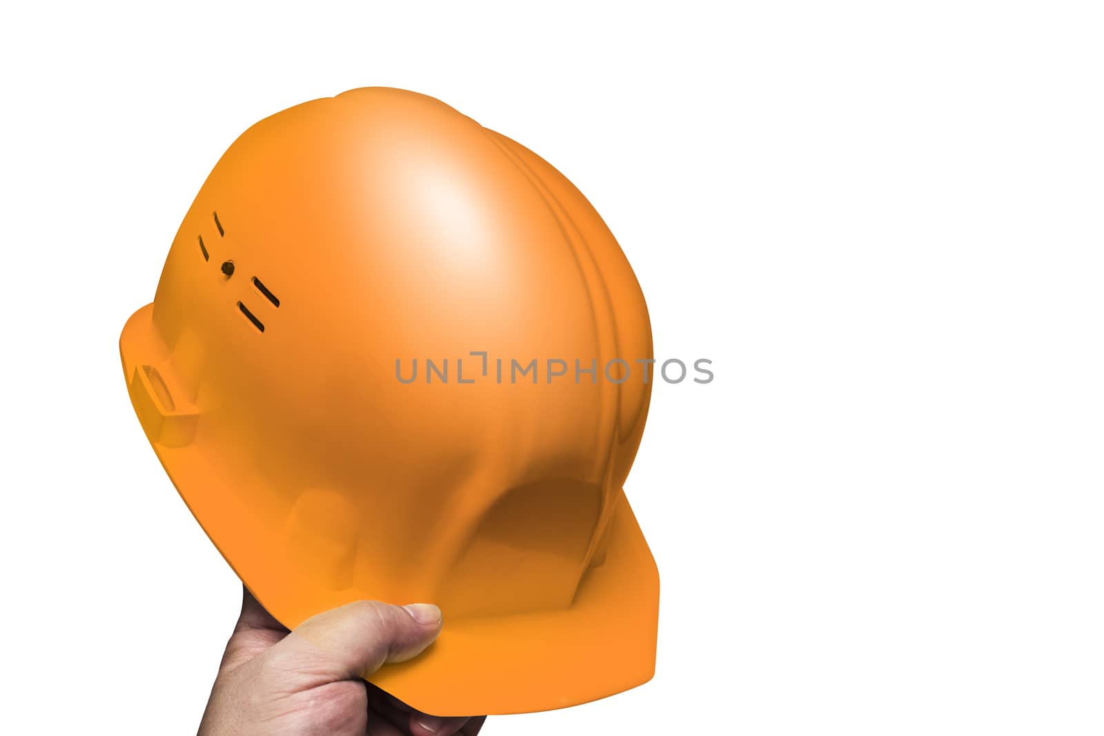 Construction orange color helmet, head protection in hand men. Isolated on white background