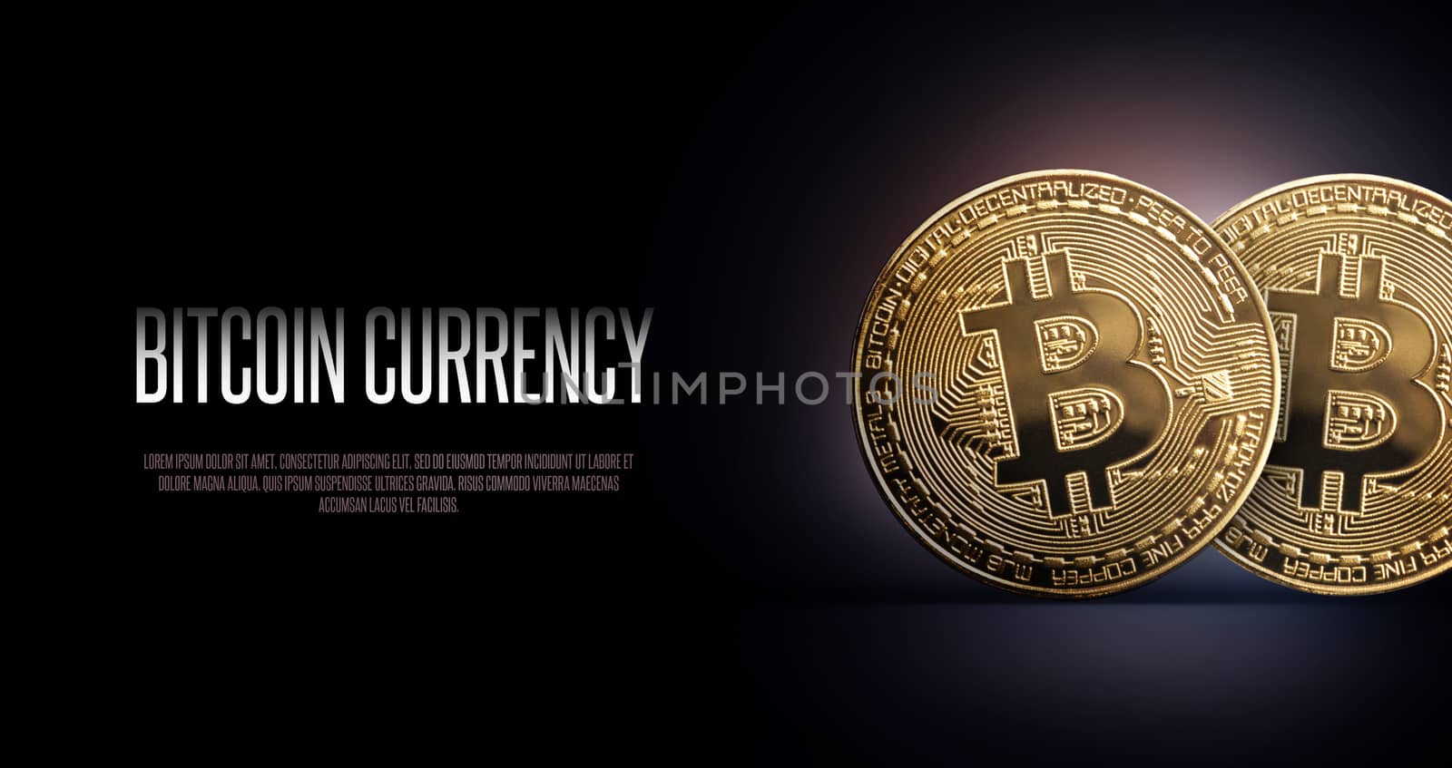 Bitcoin Banner Header. Two gold coin - Cryptocurrency with space for your own text. Concept
