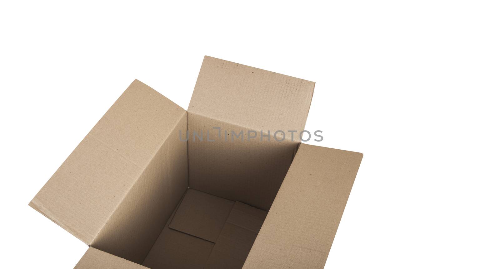 Cardboard craft box open. To transport items. Isolated on white background