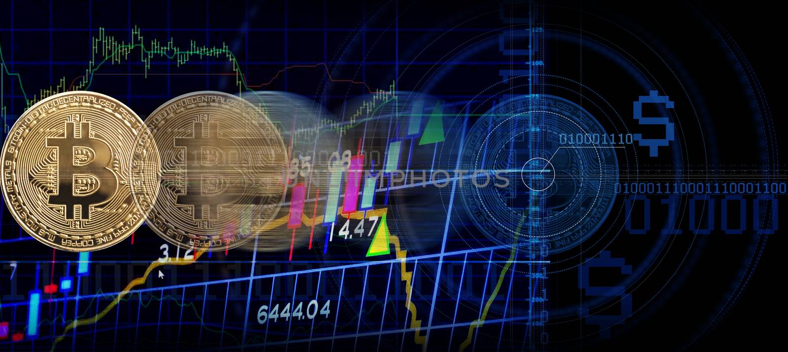 Business golden coin digital currency on stock market financial indicator background. Double exposure growth futuristic chart bitcoin money investment. Investor cryptocurrency data concept.