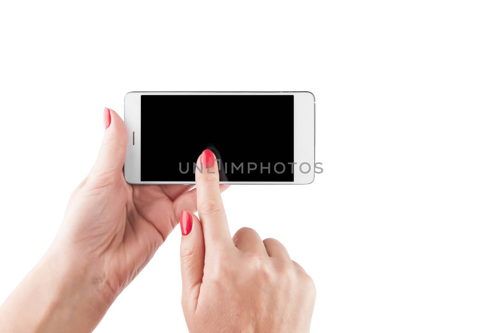 Female Hand holding and Touching a Smartphone isolated on white background.