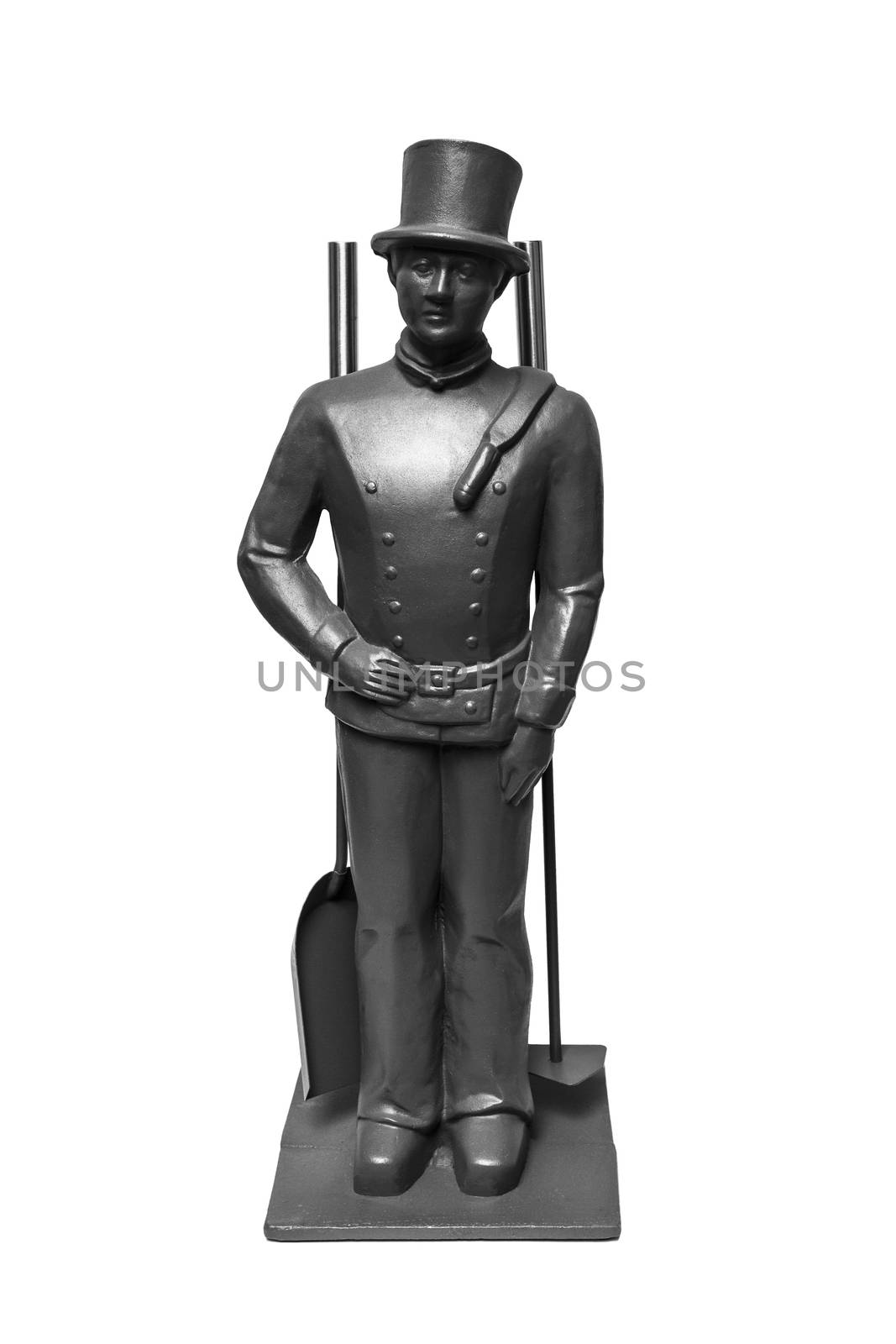 Set for the fireplace. Decorative figurine of a chimney sweep. Isolated on white background