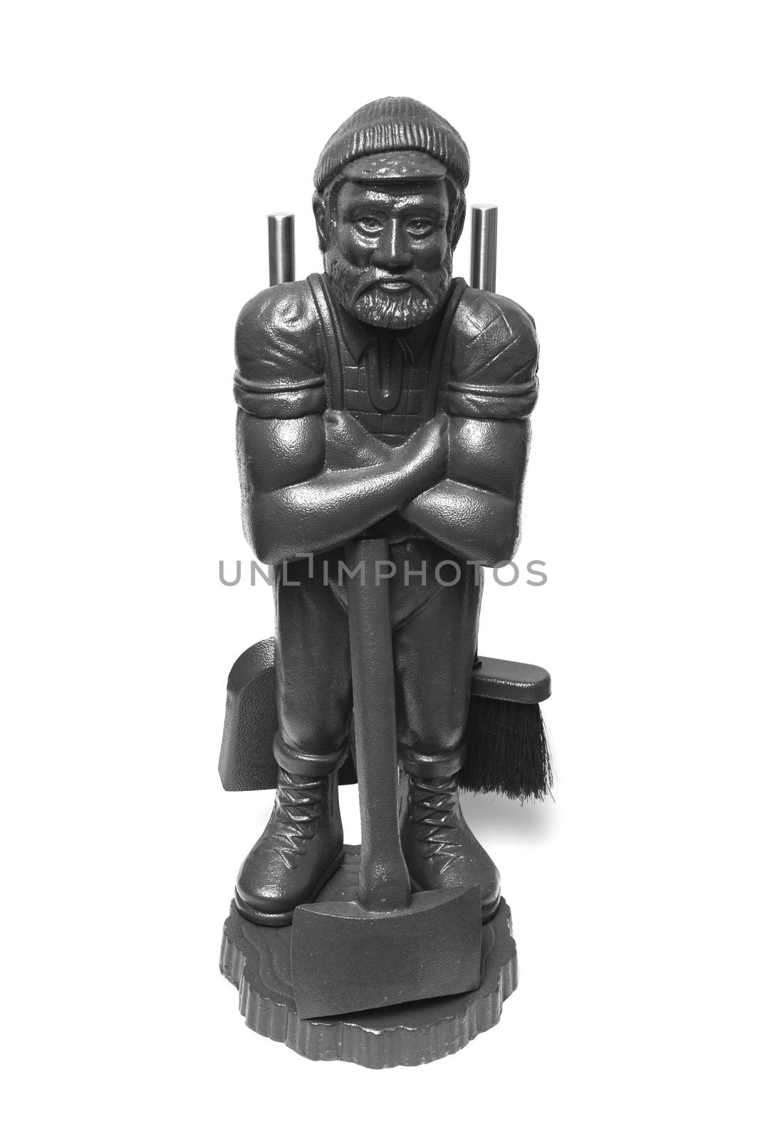 Set for the fireplace. Decorative figurine axeman. Isolated on white background