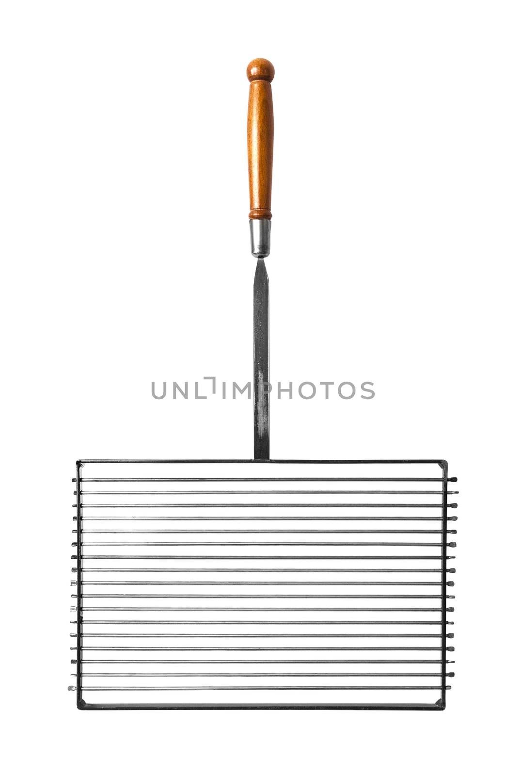 Metal grill with wood handle for grill. Isolated on white background