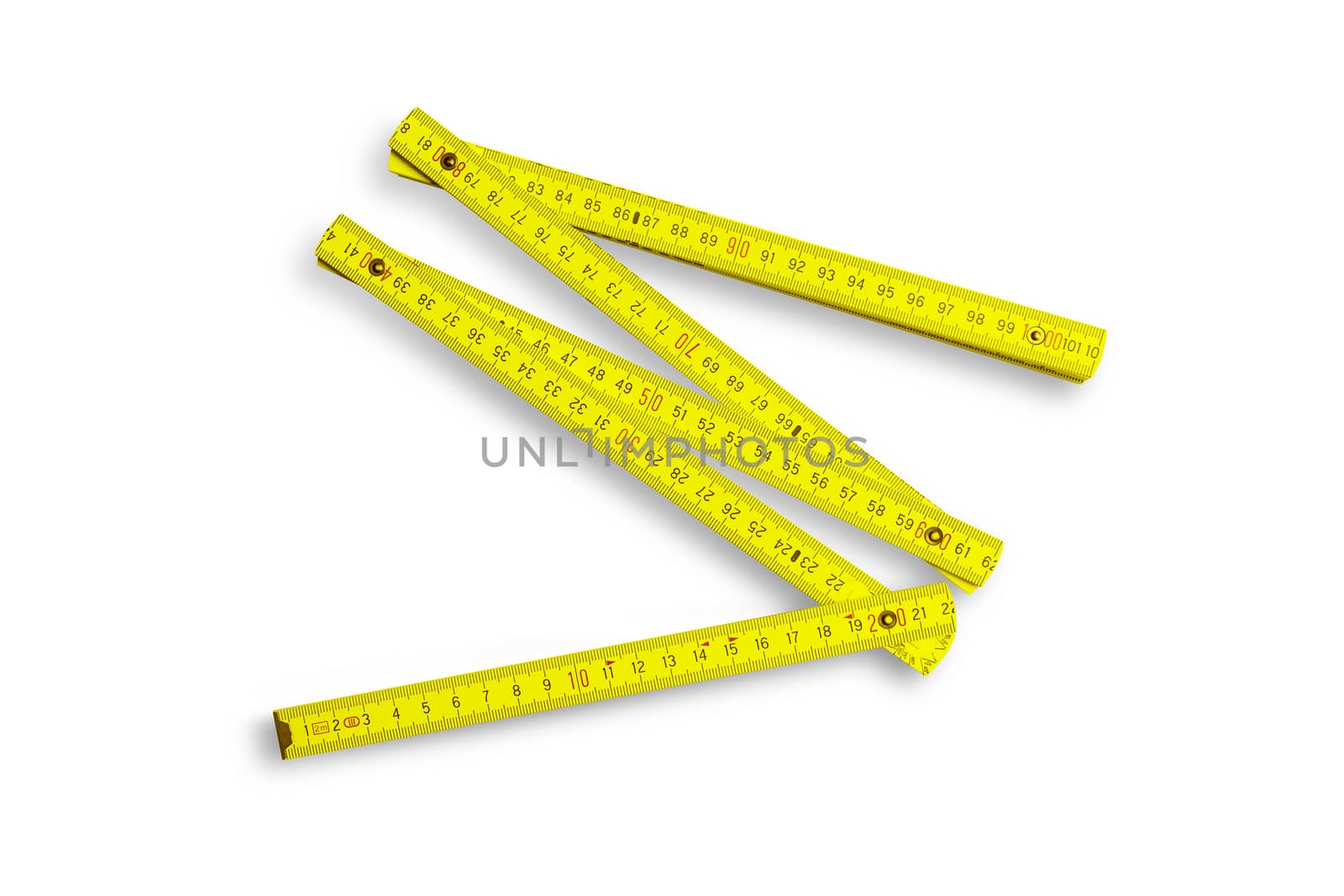 Yellow folding rule measuring tool isolated on white background