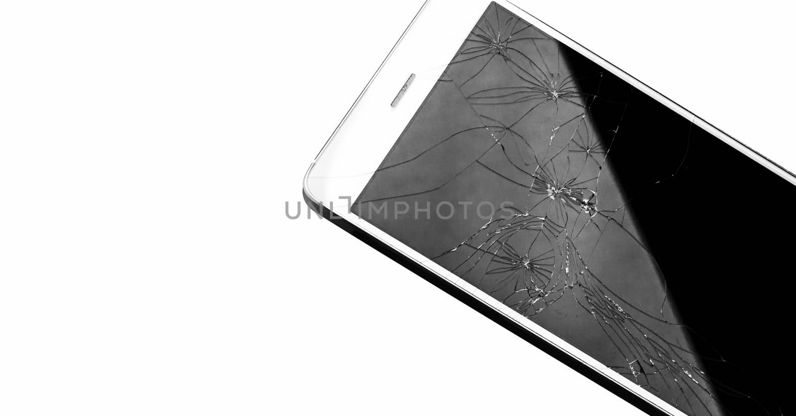 Modern touch screen smartphone with broken screen isolated on white background