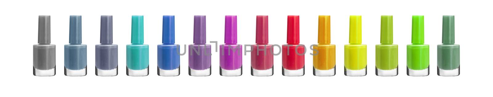 Group of bright color nail polishes isolated on white background