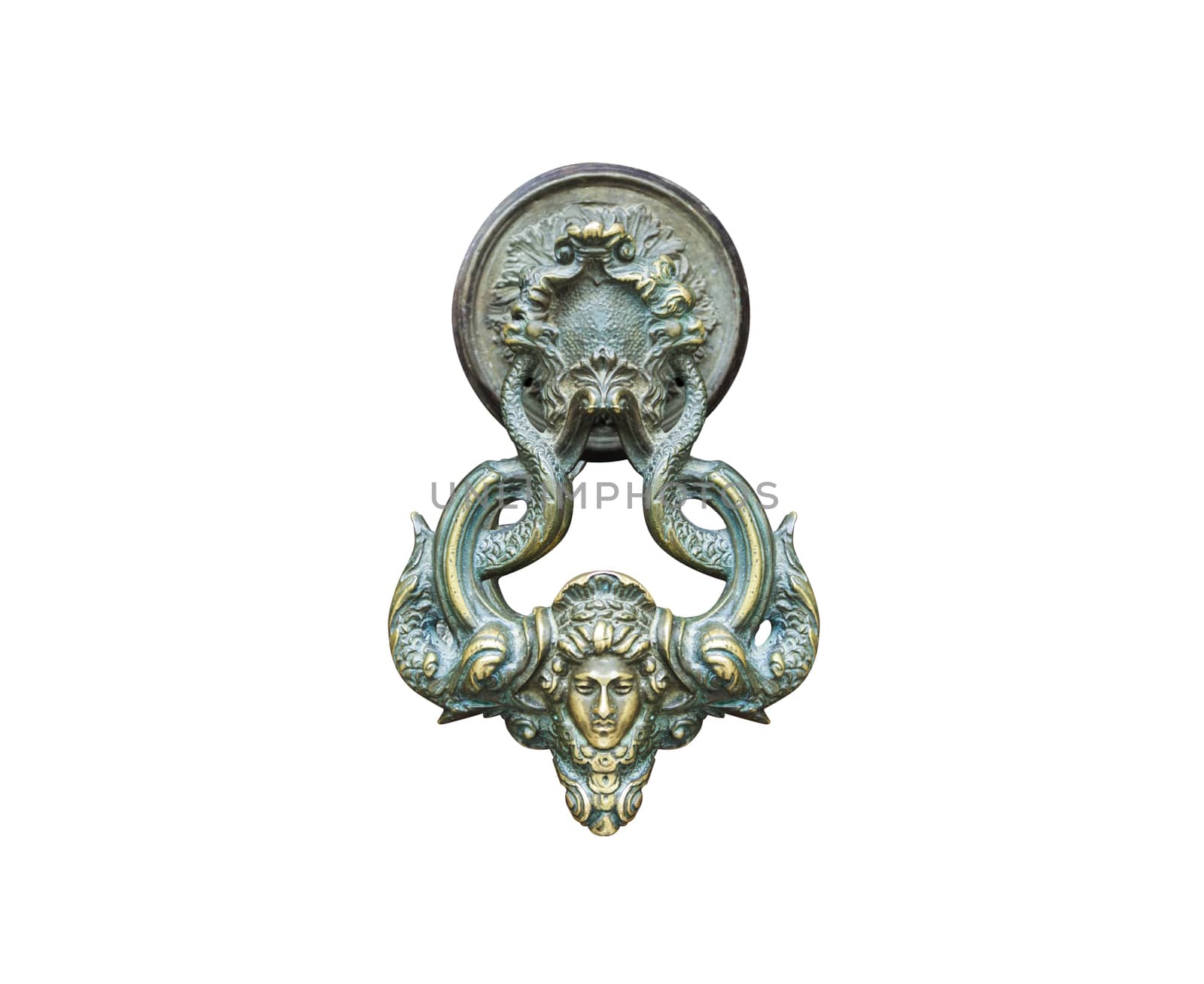 Old door metal bronze handle isolated on white background