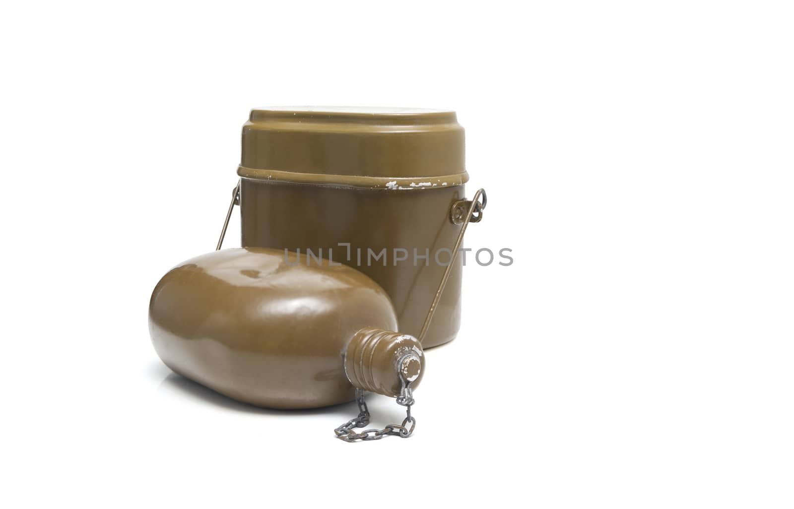 Old military flask on white background. Army water bottle and flask isolated on white. Military soldier green canteen of the army during the war. Vintage water bottle and retro bowler.