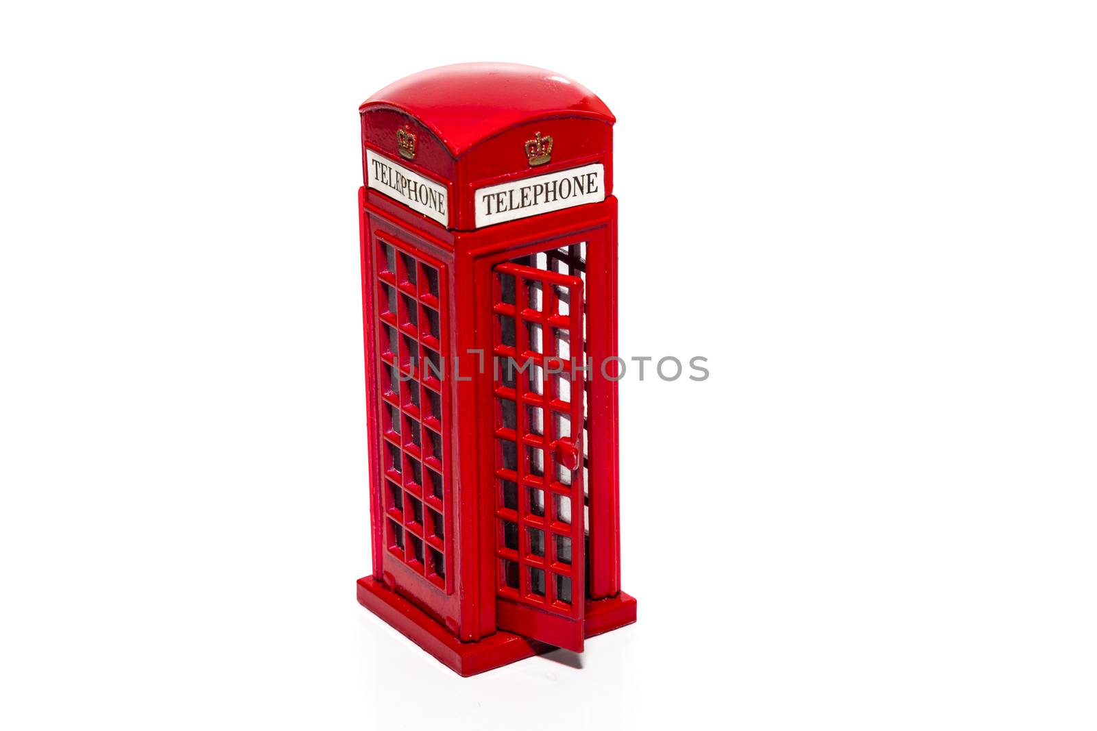 CHISINAU, MOLDOVA - May 03, 2018: London souvenirs, red telephone booth popular city symbol. Isolated on white background