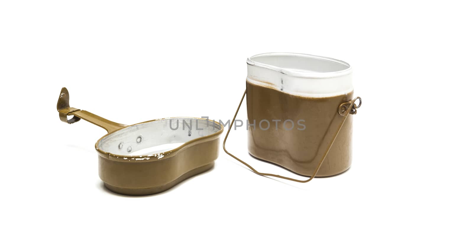 Soviet Army opened cooking pot isolated on white background 