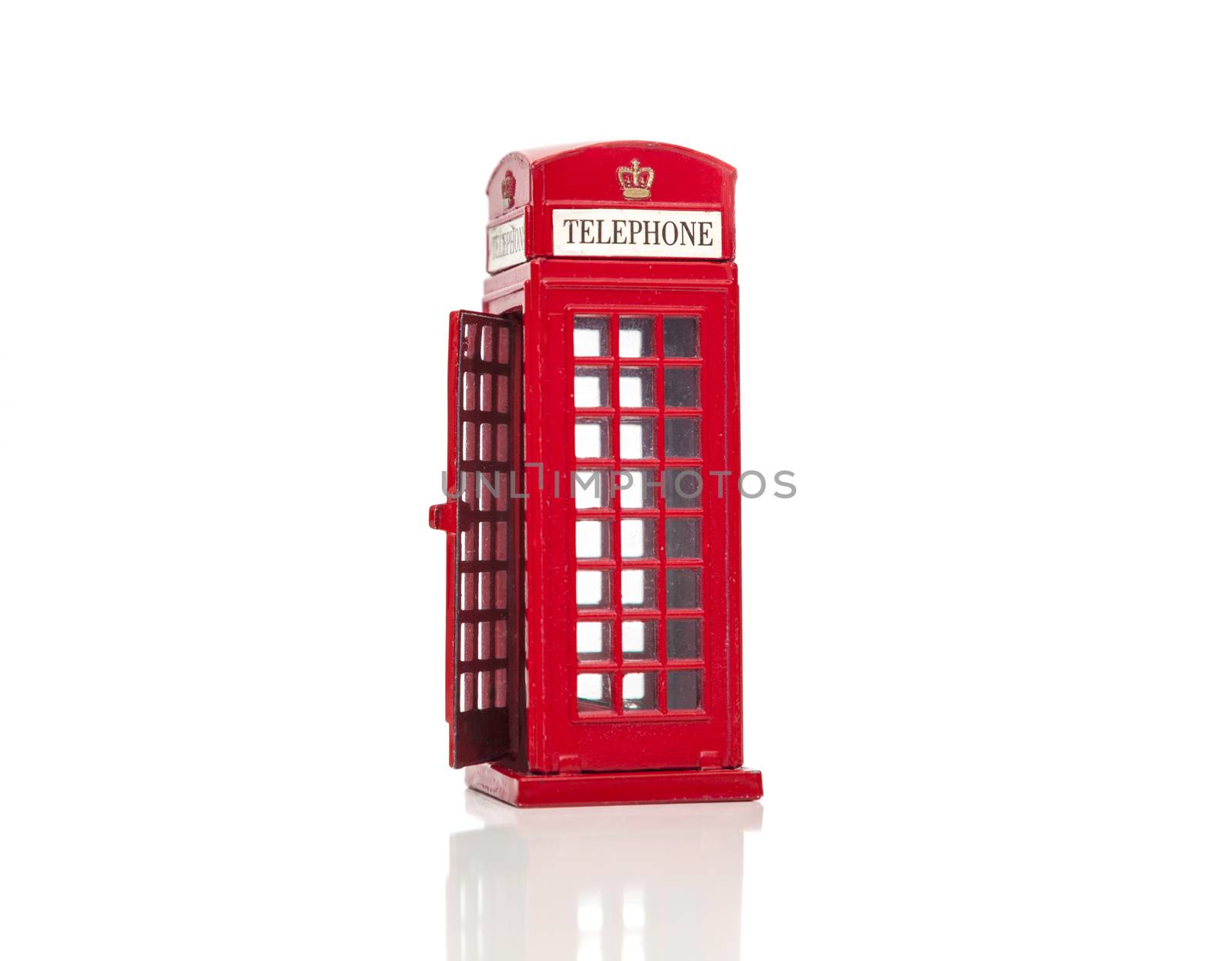 CHISINAU, MOLDOVA - May 03, 2018: London souvenirs, red telephone booth popular city symbol. Isolated on white background