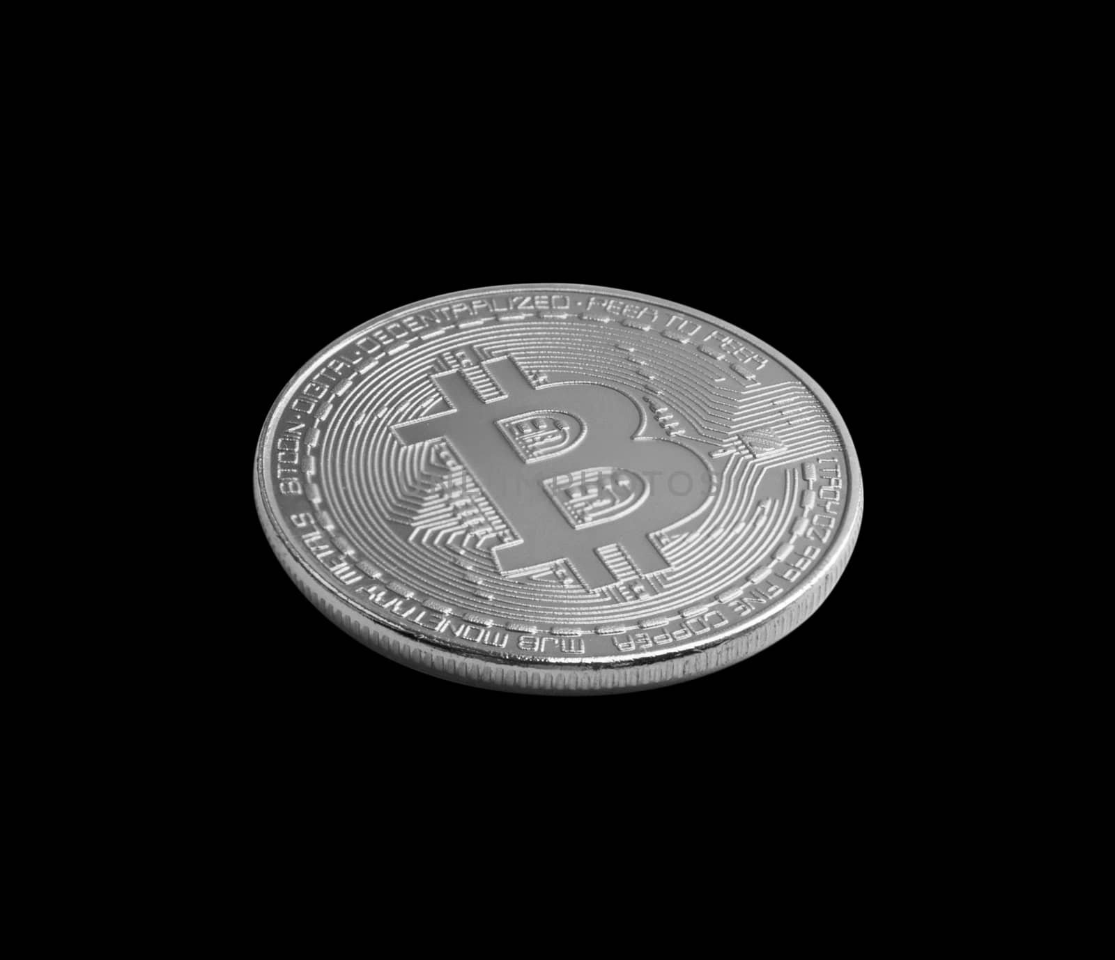 Bitcoin. Silver bitcoin isolated on black background. With clipping path.
