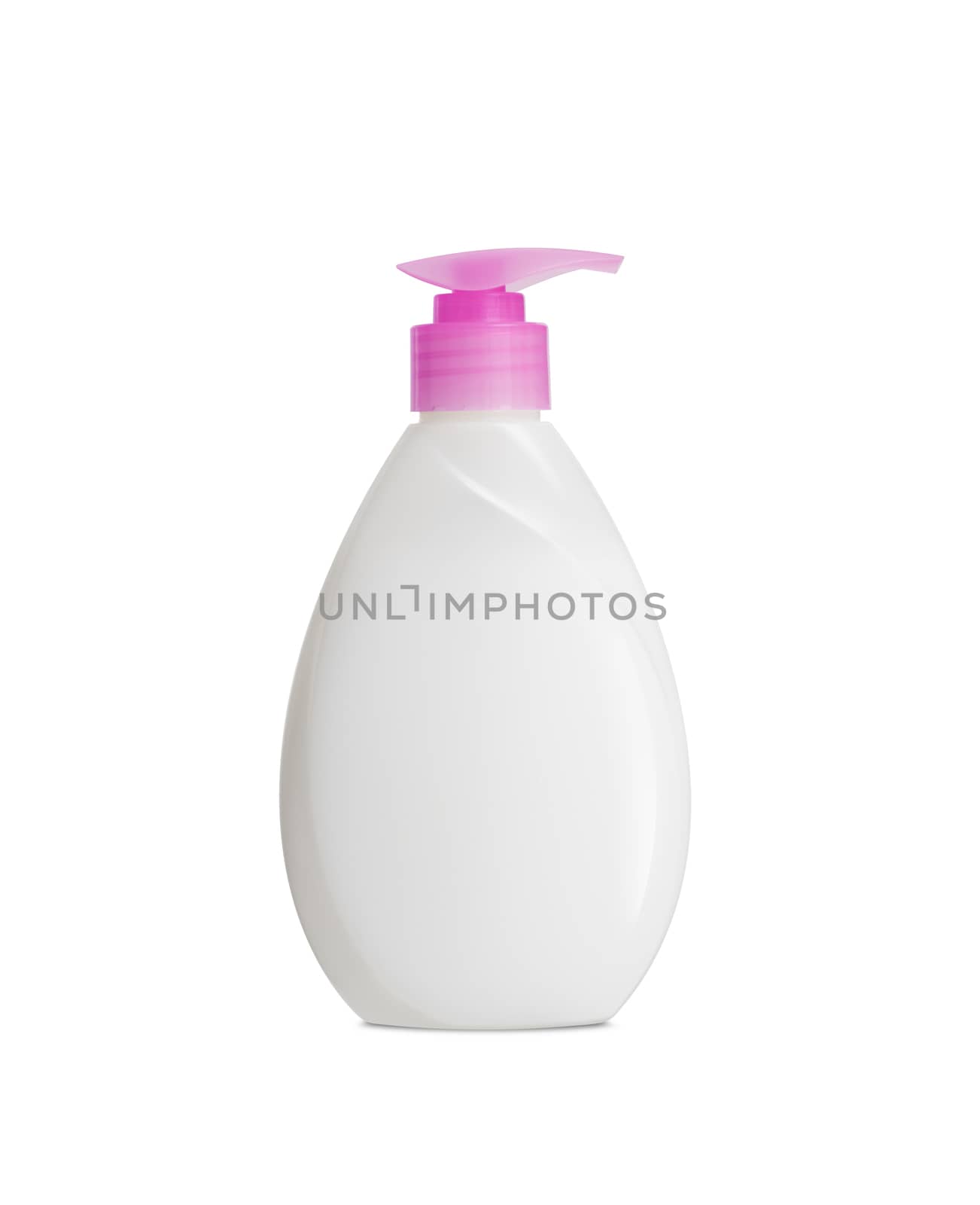 Plastic Bottle pomp with cosmetic liquid, soap or shampoo, gel. On a white background. With clipping path.