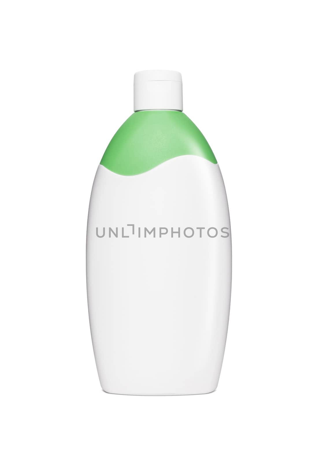 Blank white plastic cosmetics, shampoo or gel bottle, isolated on white background