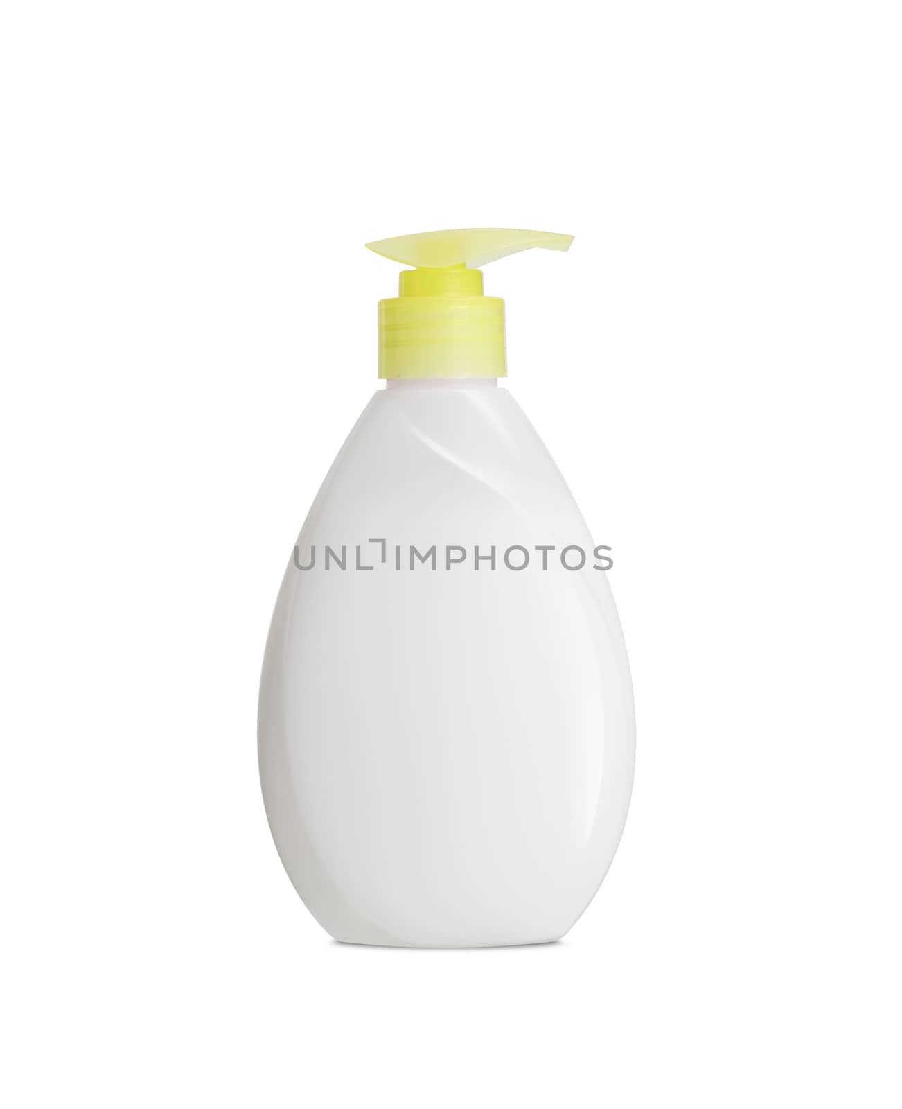 Plastic Bottle pomp with cosmetic liquid, soap or shampoo, gel. On a white background. With clipping path.
