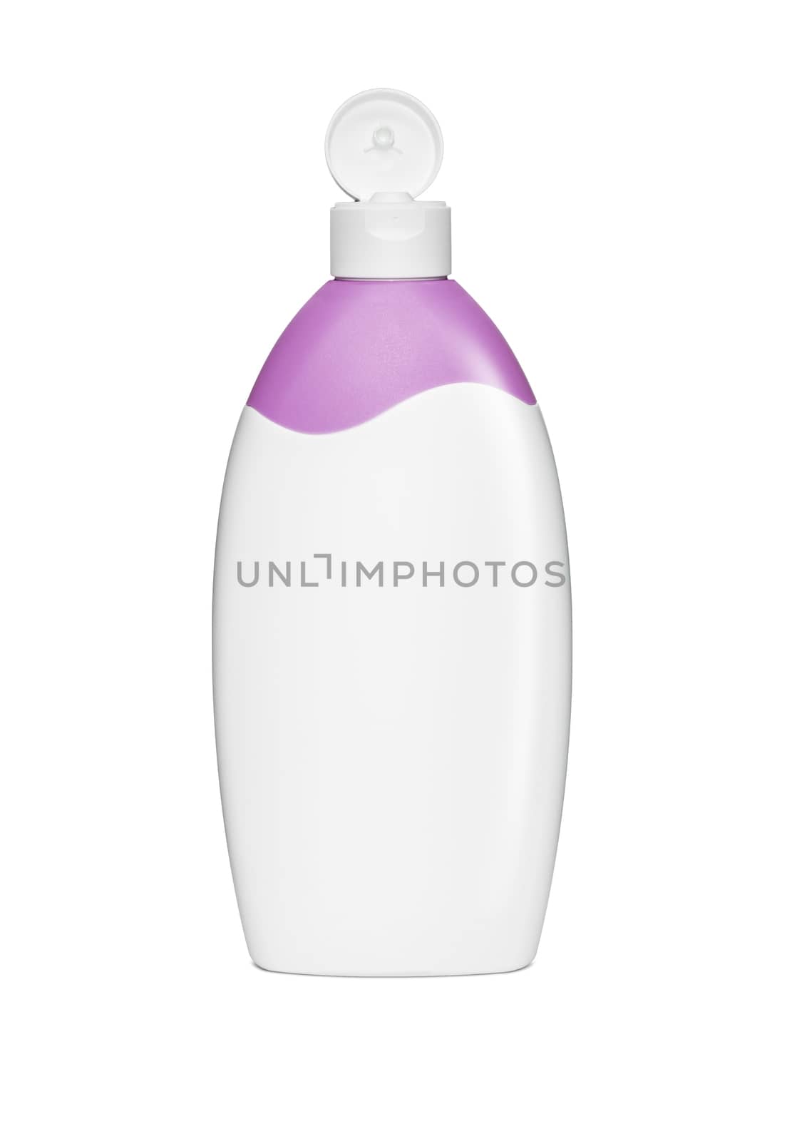 Blank white plastic cosmetics, shampoo or gel open bottle, isolated on white background