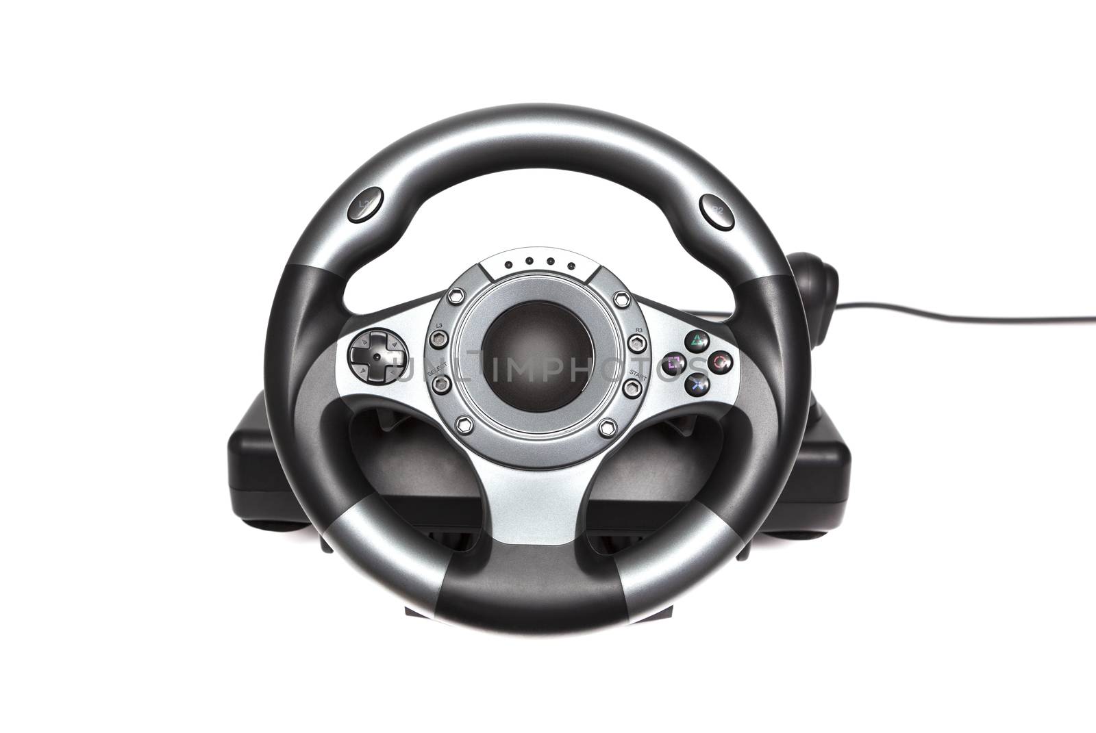 Computer gaming steering wheel. Game played on the computer. Isolated on white background