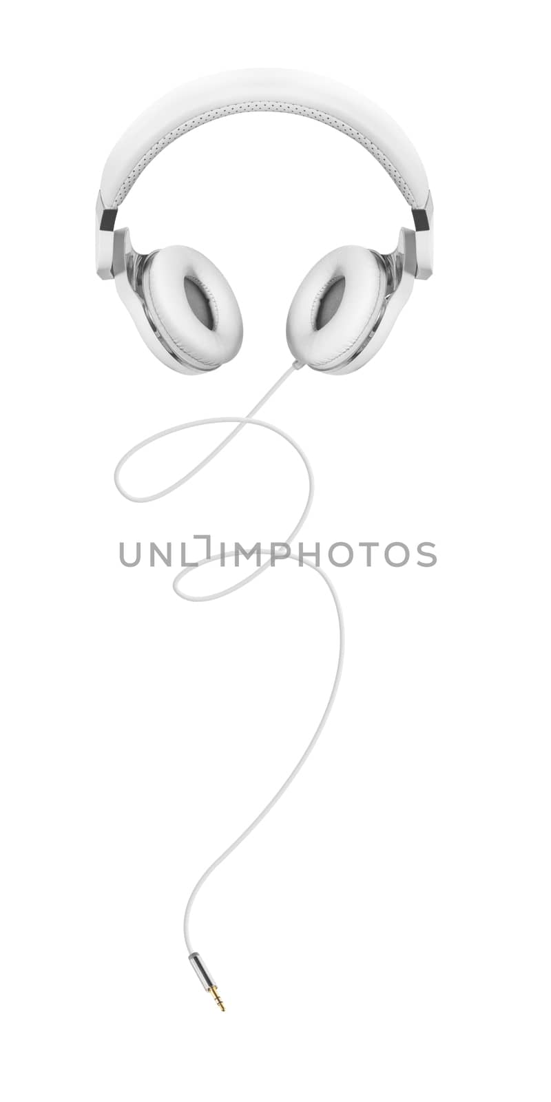 White headphones and Convention Aux cable 3.5 mm. Isolated on white background