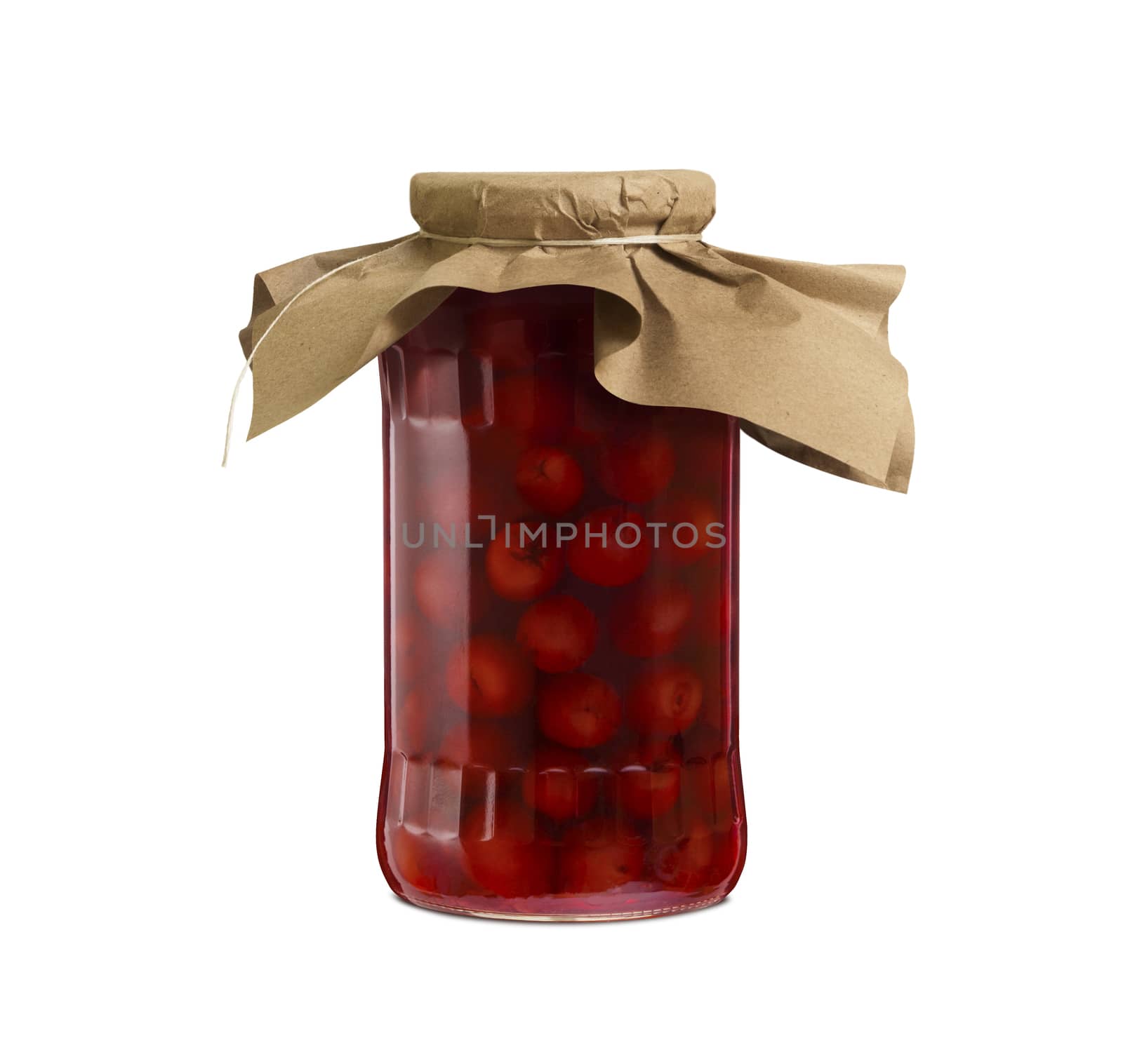 Cherry compote in a glass jar. Isolated on white background. With clipping path