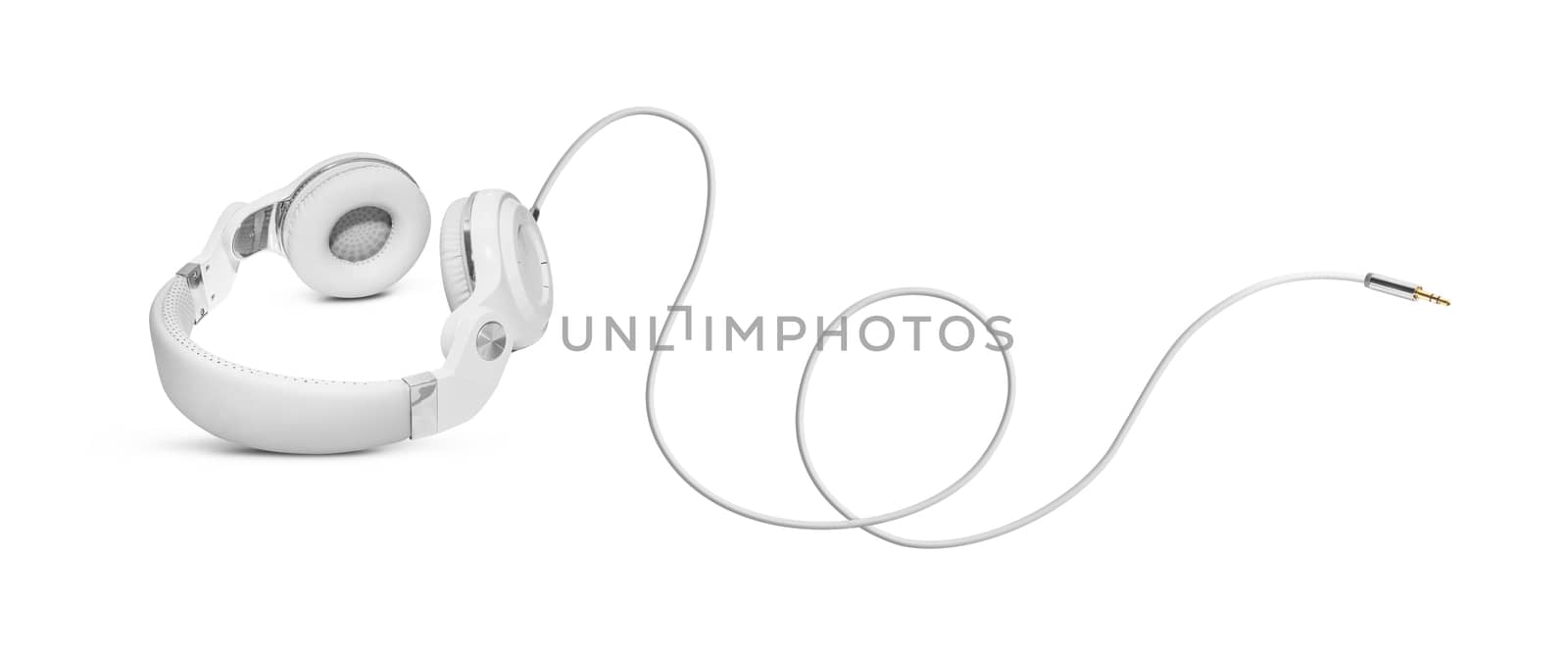 White headphones and Convention Aux cable 3.5 mm. Isolated on white background