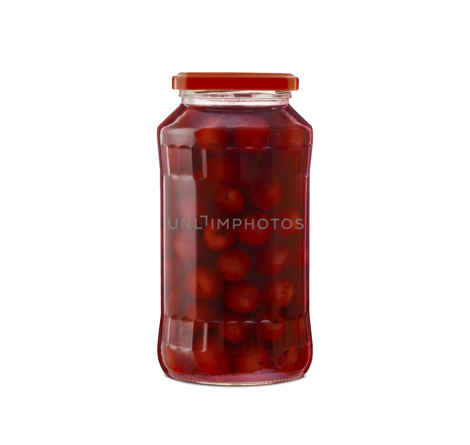 Cherry compote in a glass jar. Isolated on white background. With clipping path